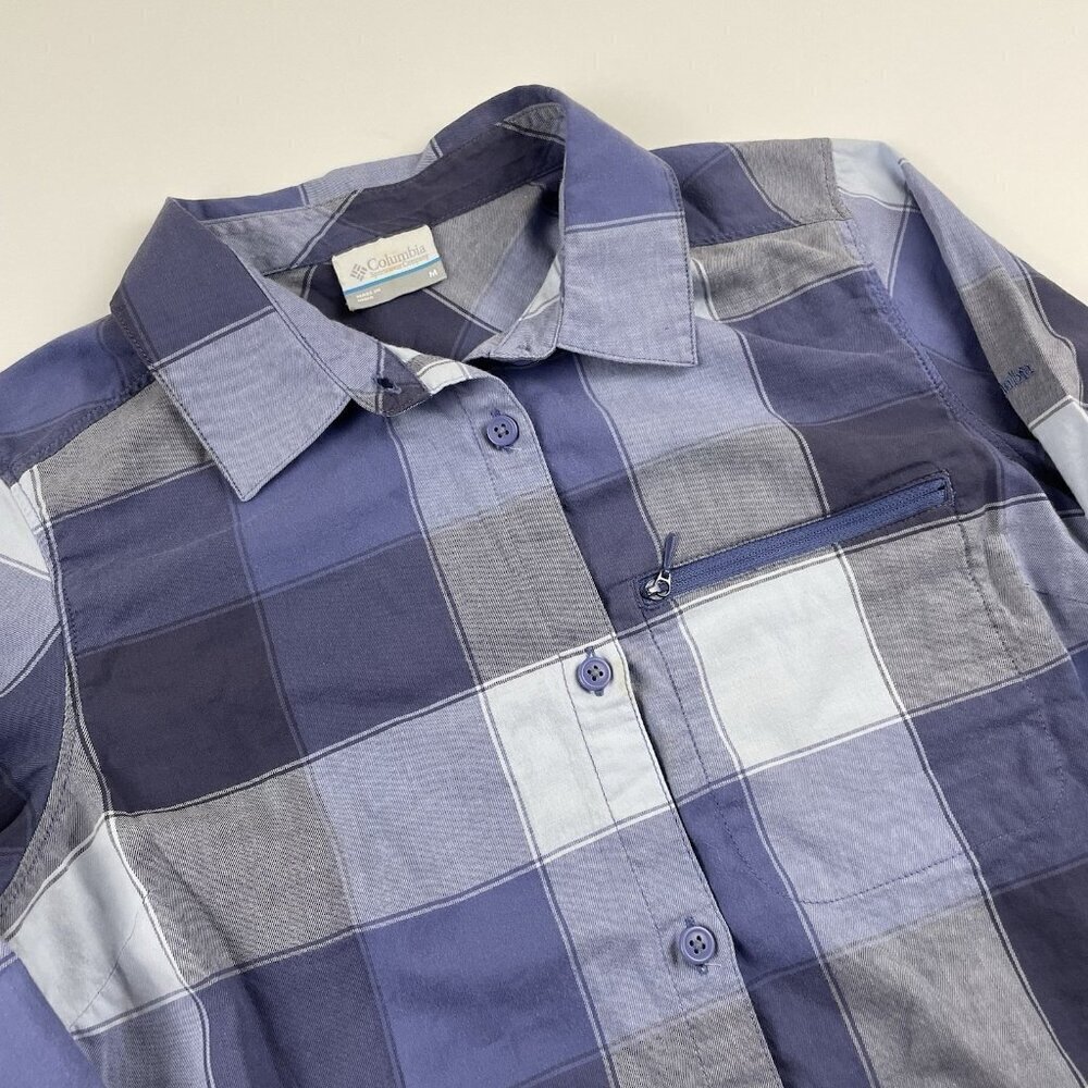Columbia Button Up Hiking Shirt Women’s M Check Long Sleeve Cotton Stretch Light